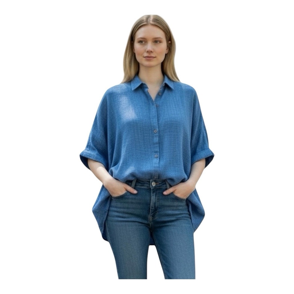 Zenana Gauze Button Up Top L XL Bright Blue Oversized Boho Shirt New Dolman Chic